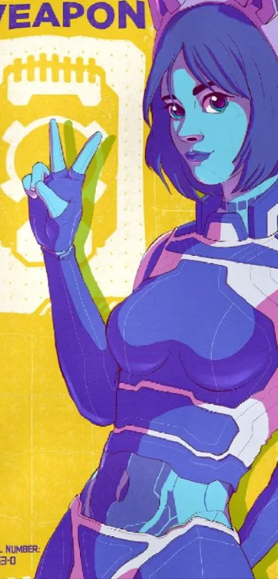 Futuristic anime character with blue skin in vibrant colors.