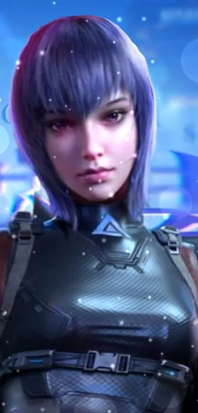 Futuristic anime character with blue hair and armor in cyberpunk style.