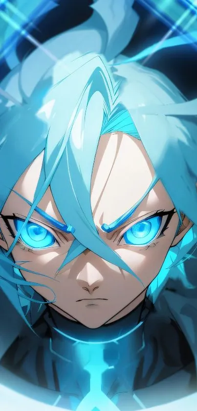 Futuristic anime character with blue hair and luminous eyes.