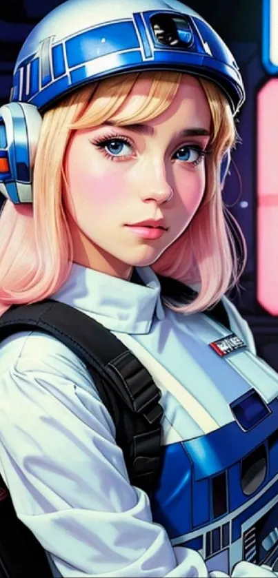 Futuristic anime girl with pink hair in a sci-fi setting.