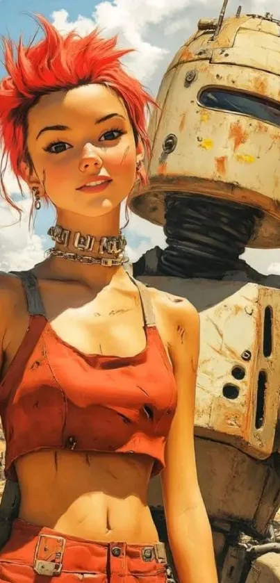 Vibrant anime character with robot in a futuristic setting.