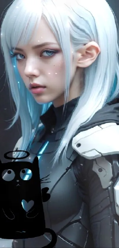 Futuristic anime-inspired heroine with silver hair and a cat drawing in a cyber setting.