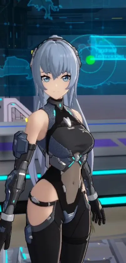 Futuristic anime character in high-tech setting.