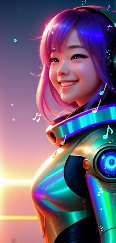 Futuristic anime-style character with headphones and vibrant colors.