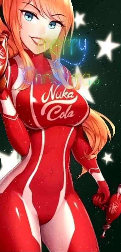 Anime character in red suit holding a bottle on a Christmas-themed wallpaper.