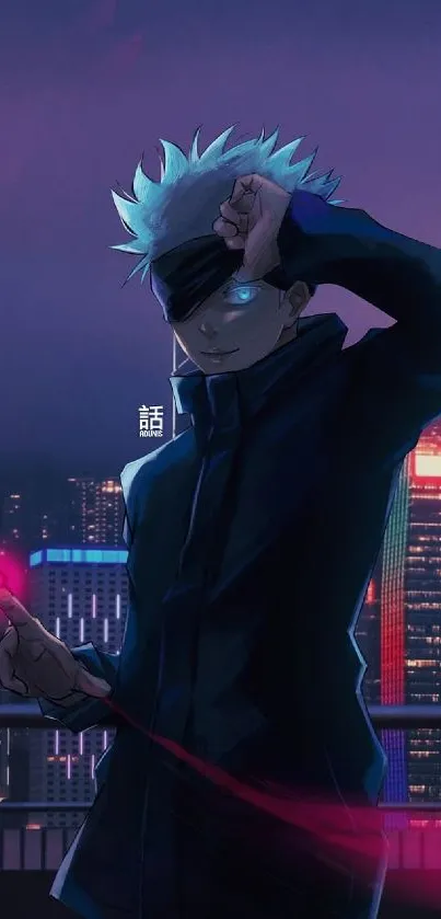 Anime character in a neon-lit cityscape, perfect for phone backgrounds.