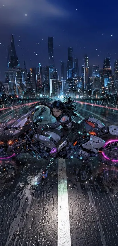 Anime motorbike speeding in futuristic cityscape under night sky.