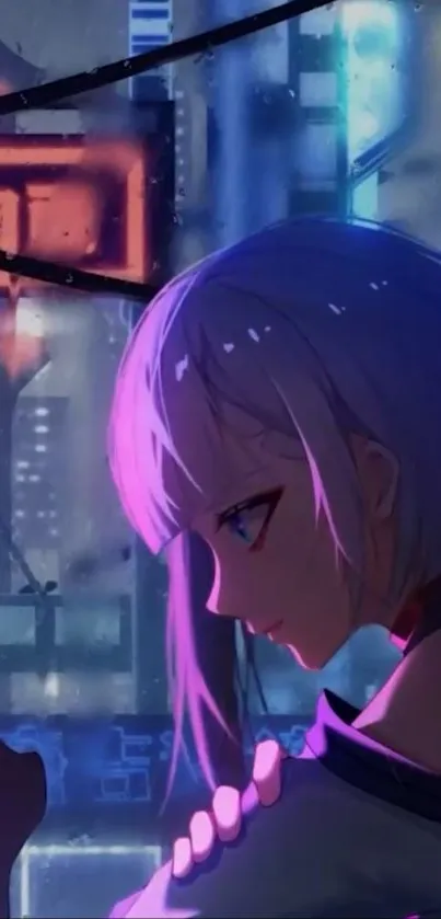 Anime character in futuristic city with neon lights and purple hues.