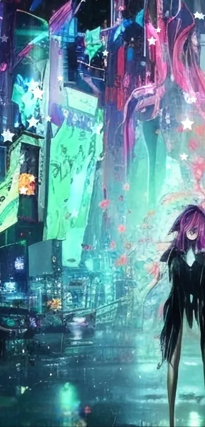 Futuristic anime cityscape with neon lights and a mysterious figure.