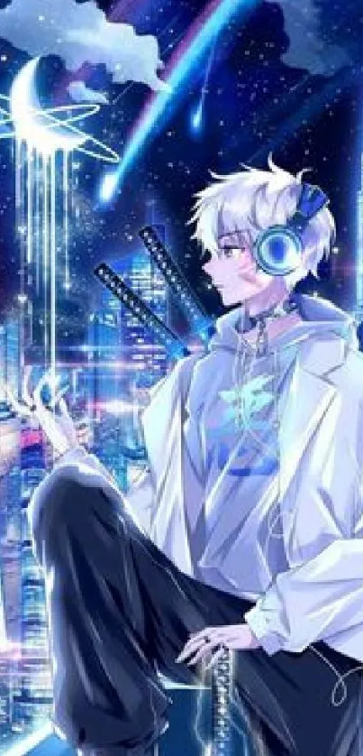 Anime character with headphones in a neon-lit futuristic cityscape.