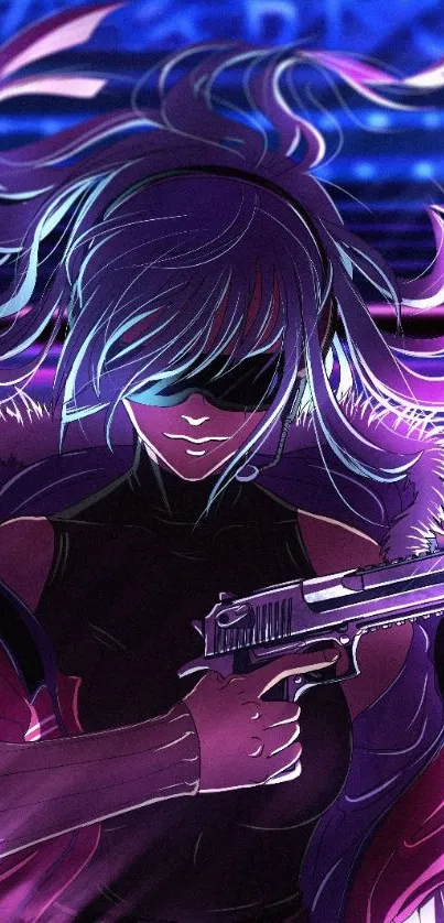 Futuristic anime hero with a gun in neon lights.