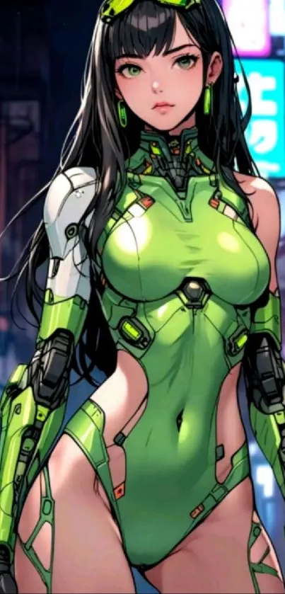 Futuristic anime cyborg in a lime green suit in urban neon background.