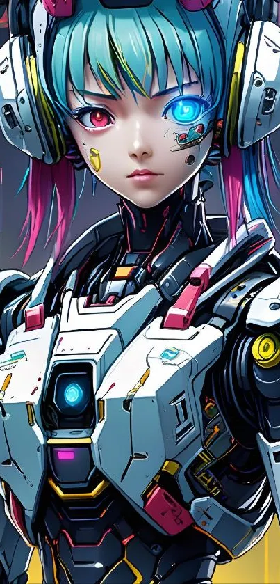 Anime cyborg with futuristic design in vibrant colors.