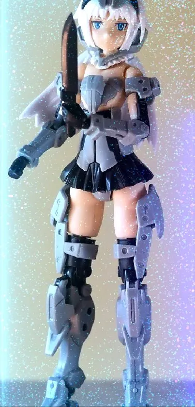 Futuristic anime figurine on wooden surface, minimalist beige background.