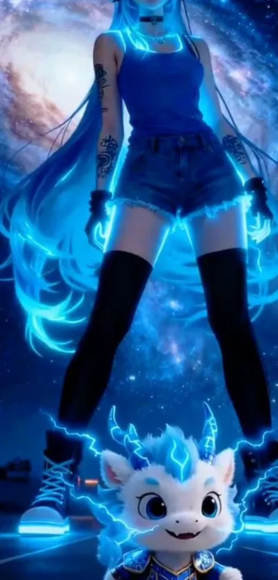 Anime character with neon blue aura in galaxy.