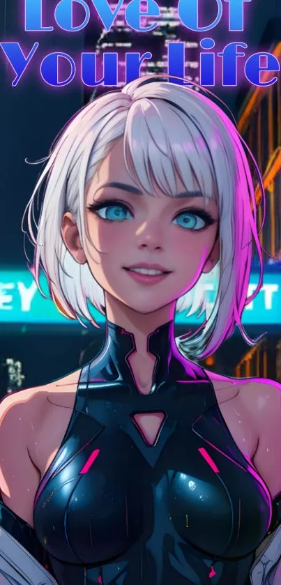 Futuristic anime girl with city lights in the background, vibrant colors.