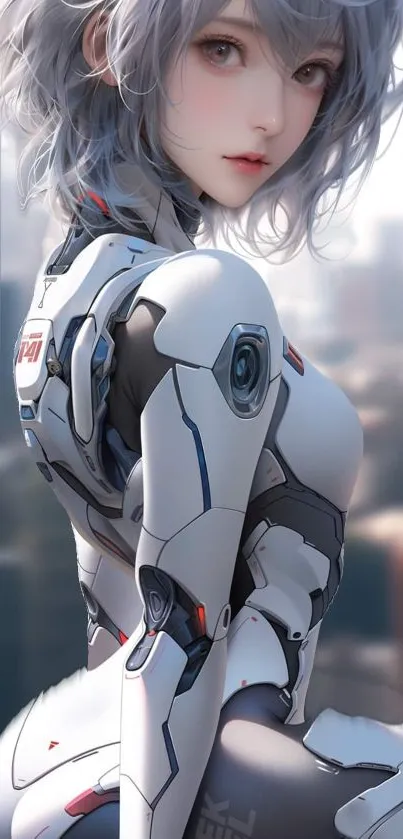 Futuristic anime girl in a robotic suit on mobile wallpaper.