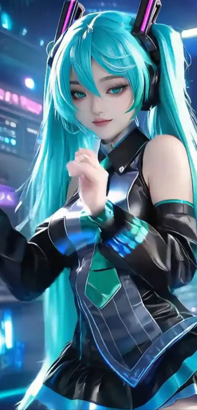 Futuristic anime girl with cyan hair and vibrant colors in a dynamic pose.
