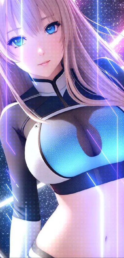 Futuristic anime girl with neon lights and striking blue eyes as wallpaper.