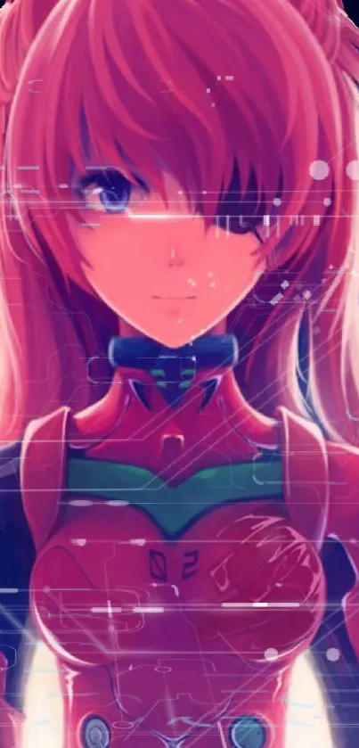 Futuristic anime character in red suit with vibrant colors and digital elements.