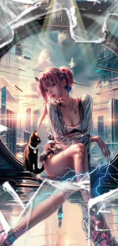 Anime girl in futuristic cityscape with cat.