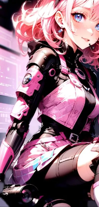 Futuristic cyberpunk anime girl with pink hair and vibrant suit.