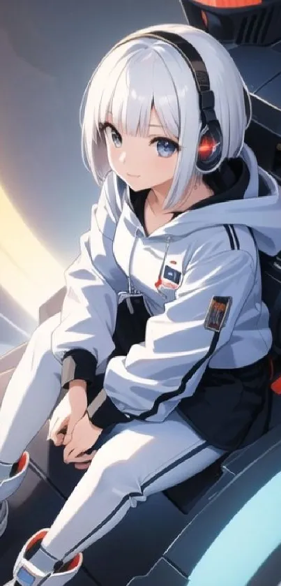 Futuristic anime girl with white hair and headphones.