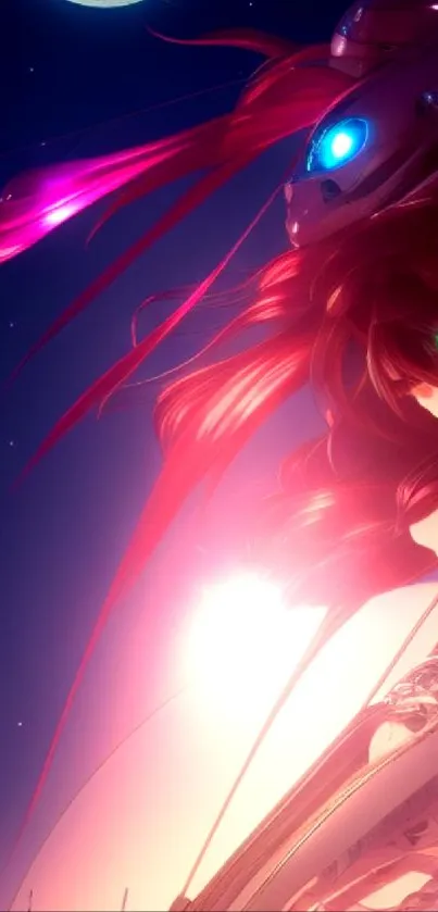 Futuristic red-haired anime girl gazing into space with a celestial backdrop.