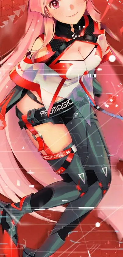 Futuristic anime girl with red theme wallpaper.