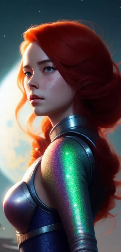 Futuristic anime girl with red hair against a cosmic background.