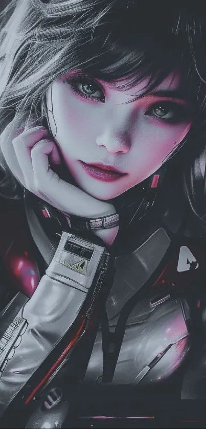 Futuristic anime girl in pink grey tones.