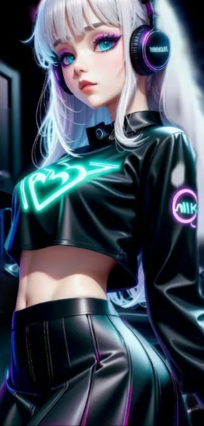 Anime girl with neon lights and futuristic outfit, listening to music.