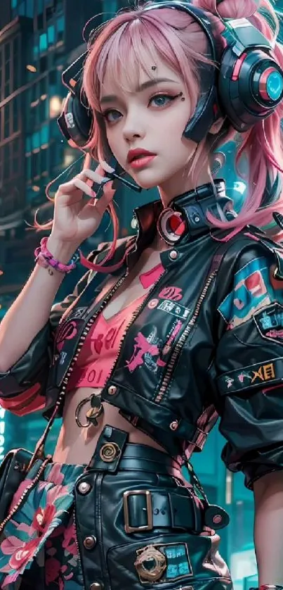 Anime girl with pink hair and headphones in a neon cyberpunk setting.