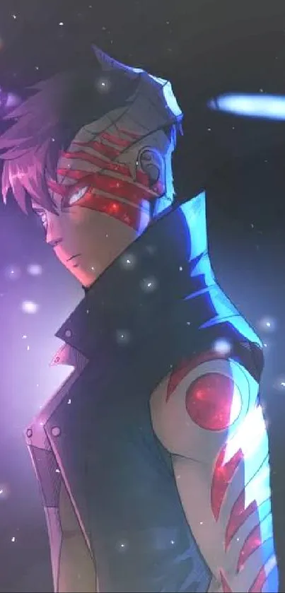 Futuristic anime character with glowing red accents on a cosmic background.