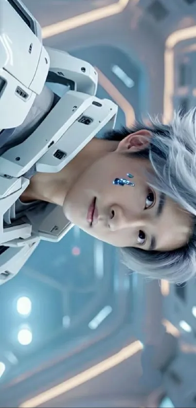 Futuristic anime character with silver hair in a sci-fi setting.