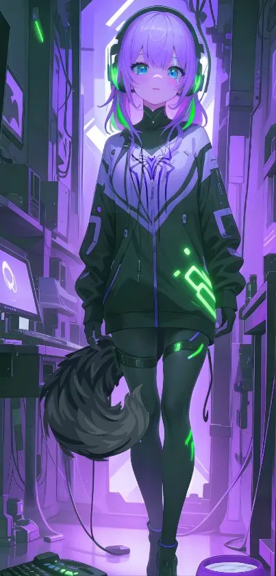 Futuristic anime girl with neon lights in a high-tech environment.