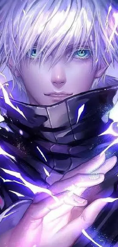 Futuristic anime character with glowing purple energy.