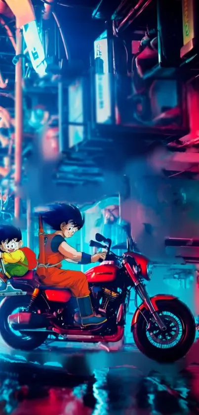 Anime-style motorcycle ride in neon futuristic cityscape.