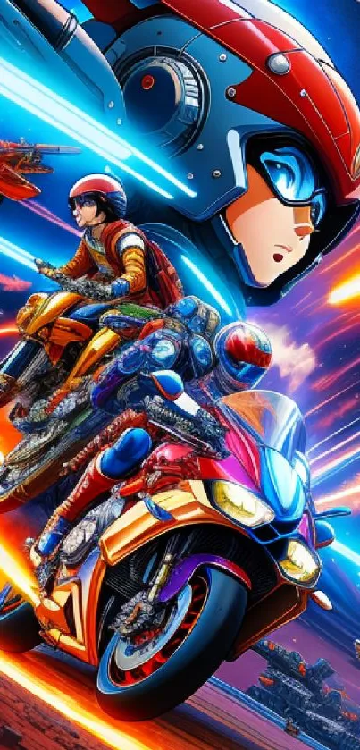 Anime bikers racing in a futuristic scene with jets.