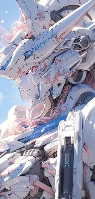 Futuristic anime robot with pastel details and intricate design in mobile wallpaper.