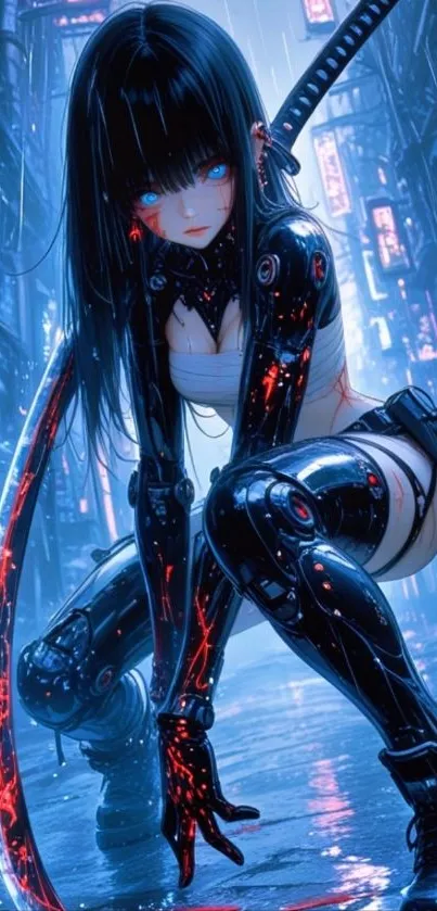 Anime samurai kneels with sword on futuristic city street.