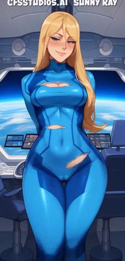 Anime character in futuristic blue spacesuit