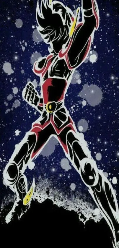 Anime hero in space with vibrant colors and dynamic pose on a navy blue background.