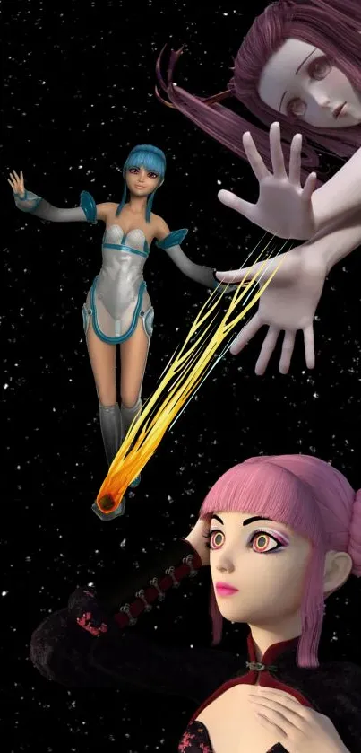 Futuristic anime characters in a space scene on mobile wallpaper.