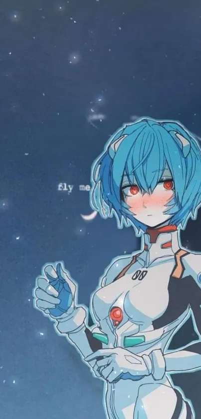 Futuristic blue-haired anime character under a starry sky wallpaper.