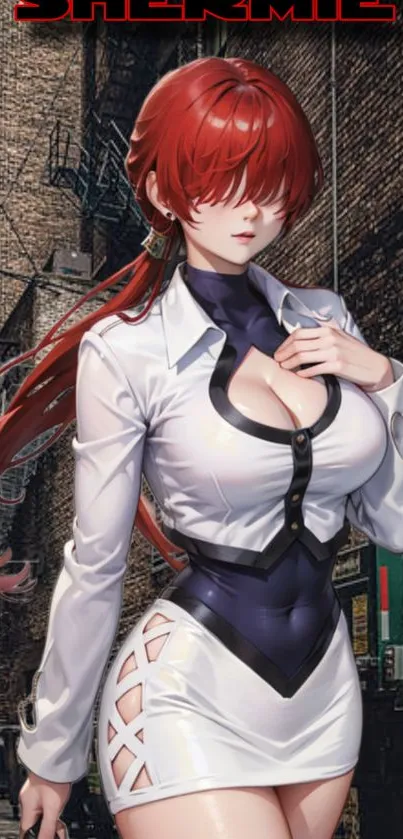 Futuristic anime character with red hair in an urban setting.