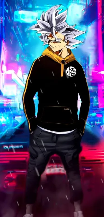 Anime character in a neon-lit futuristic cityscape.