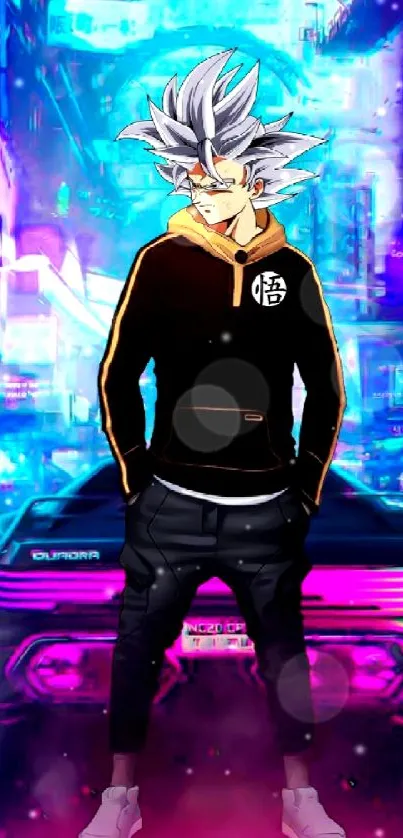 Anime character in vibrant, neon-lit futuristic city.