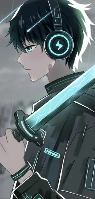 Anime character with glowing sword and headphones in a futuristic setting.