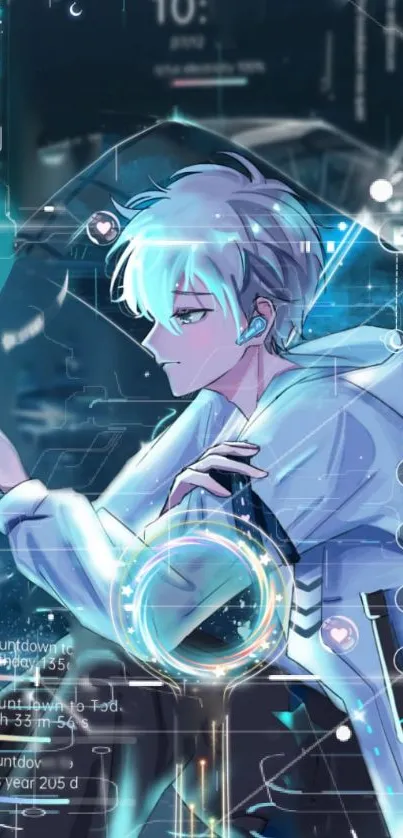 Futuristic anime wallpaper with a tech theme in cool blue hues.